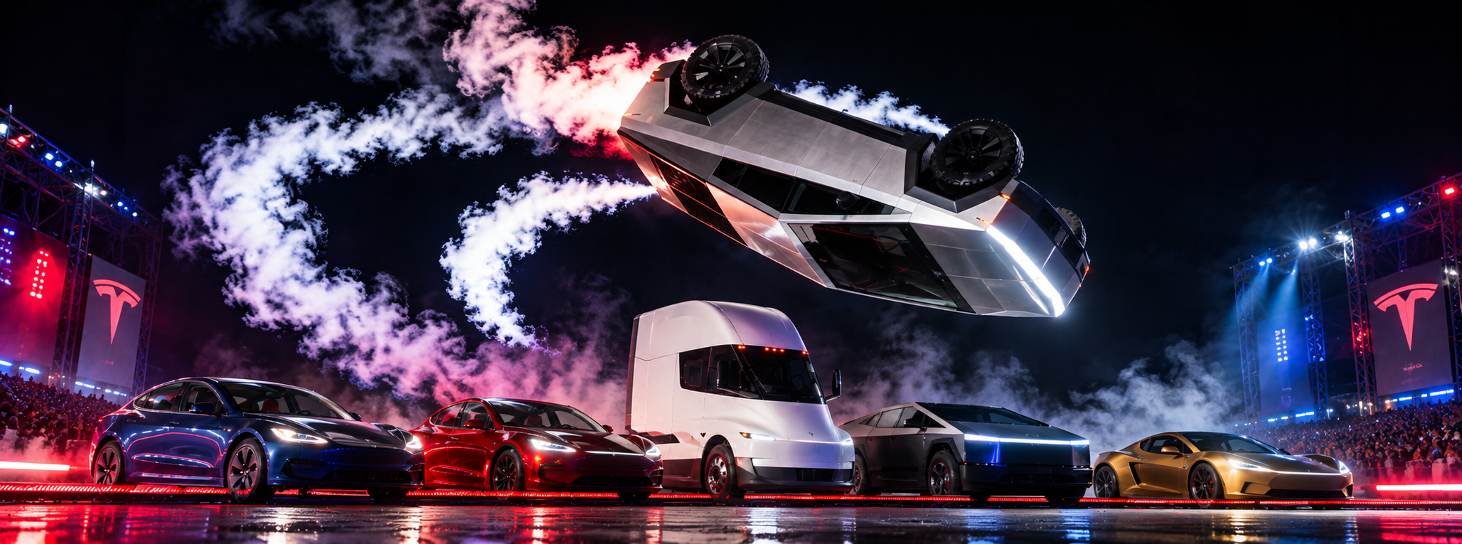 Flying Tesla Cybertruck banner, flipping above Tesla vehicles at a neon-lit nighttime event