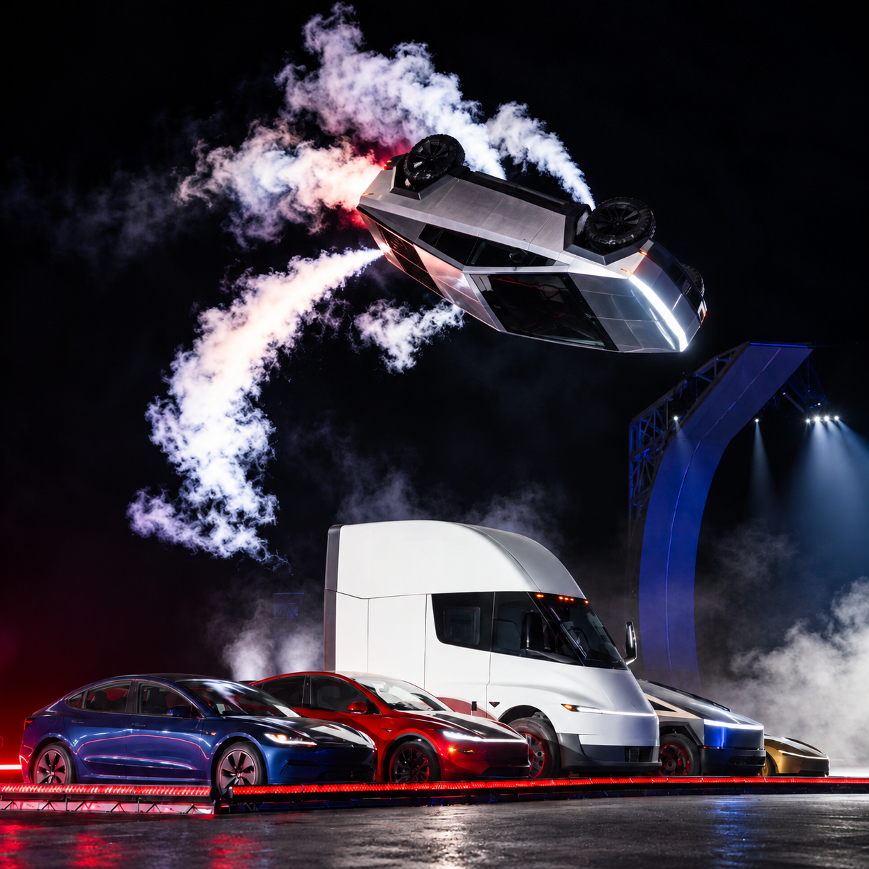 Silver Cybertruck flipping upside down above a futuristic Tesla vehicle lineup